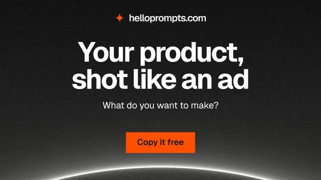 Landscape graphic for HelloPrompts: "Your product, shot like an ad". Swiss style, centred layout, dark palette in black, grey.