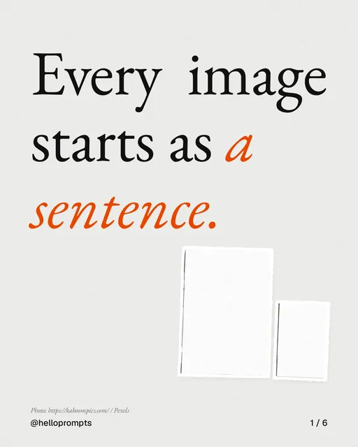 Carousel for HelloPrompts: "Every image starts as a sentence.". Cutout essay, 6 slides, light palette.