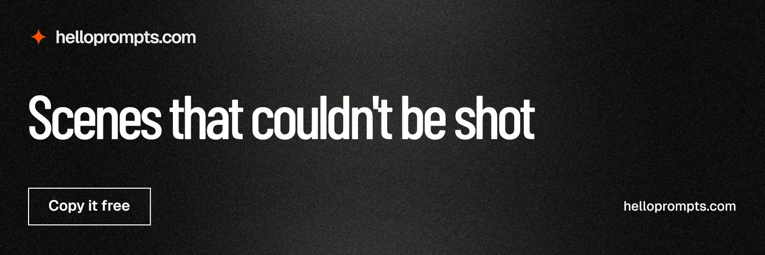 X header for HelloPrompts: "Scenes that couldn't be shot". Dark deco style, poster layout, dark palette in black, grey.