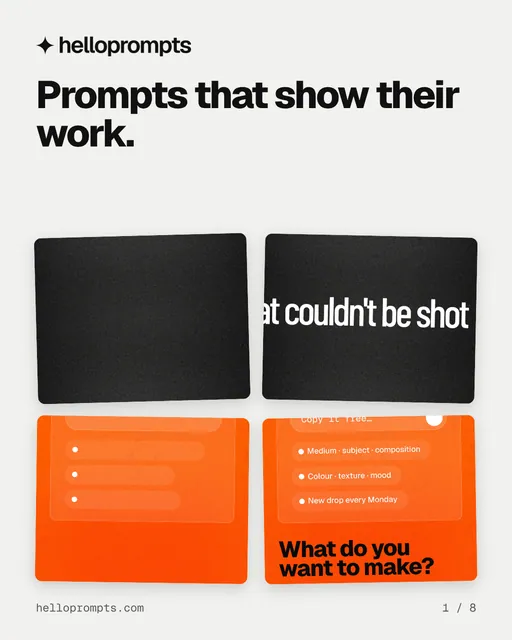 Carousel for HelloPrompts: "Prompts that show their work.". Collection carousel, 8 slides, light palette.