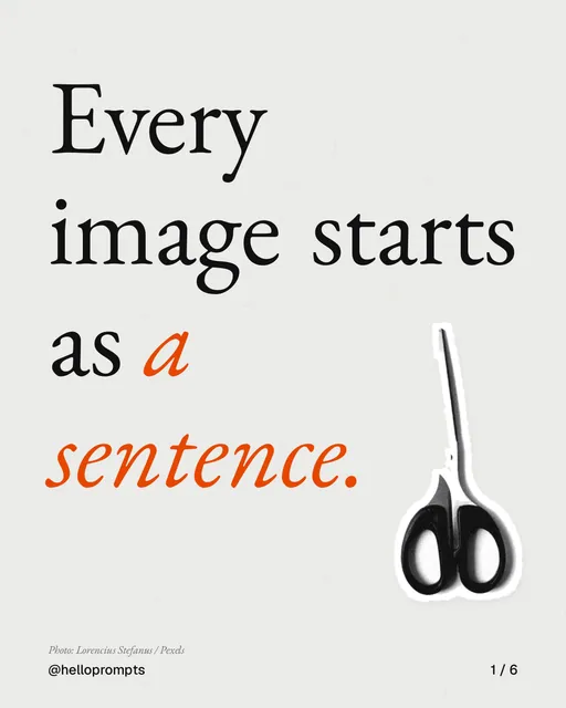 Carousel for HelloPrompts: "Every image starts as a sentence.". Cutout essay, 6 slides, light palette.