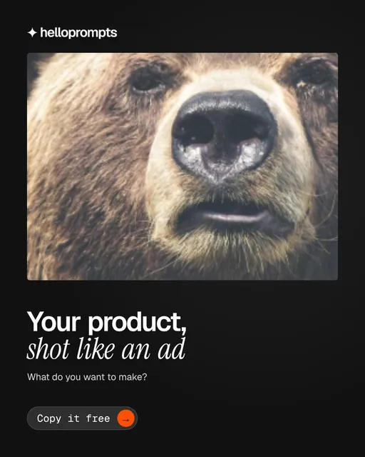 Video for HelloPrompts: "Your product, shot like an ad". Doc motion loop, 6.0 s, dark palette.