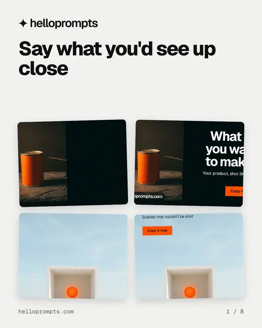 Carousel for HelloPrompts: "Say what you'd see up close". Collection carousel, 8 slides, light palette.