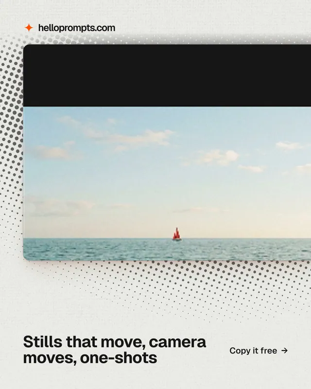 Instagram portrait post for HelloPrompts: "Stills that move, camera moves, one-shots". Swiss style, image led layout, light palette in grey, white.