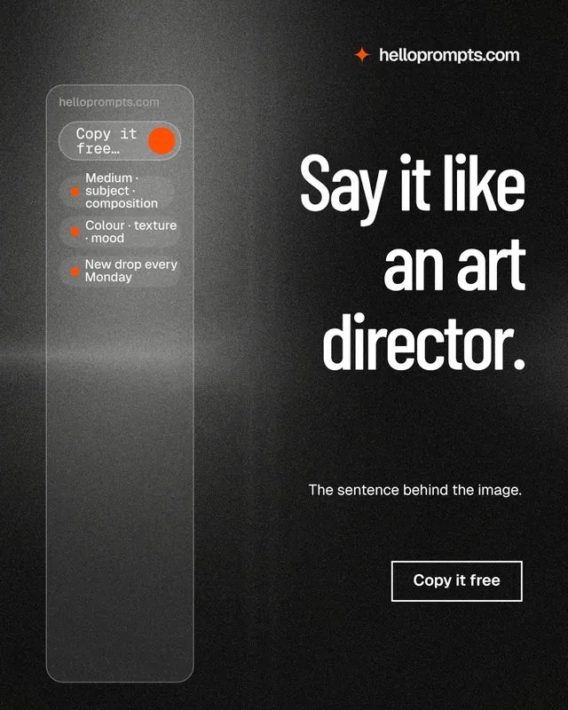 Instagram portrait post for HelloPrompts: "Say it like an art director." Dark deco style, right layout, dark palette in black, grey.