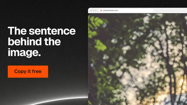 Landscape graphic for HelloPrompts: "The sentence behind the image." Swiss style, browser layout, dark palette in black, grey, yellow.