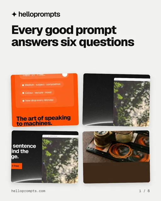 Carousel for HelloPrompts: "Every good prompt answers six questions". Collection carousel, 8 slides, light palette.