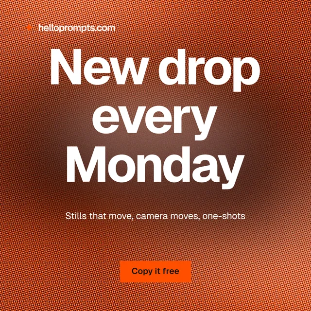 Instagram post for HelloPrompts: "New drop every Monday". Swiss style, centred layout, dark palette in orange, red.