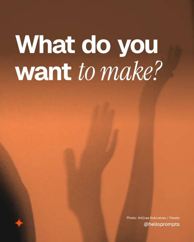 Instagram portrait post for HelloPrompts: "What do you want to make?" Duotone style, technique:pexels ingredient layout, light palette in orange, brown.