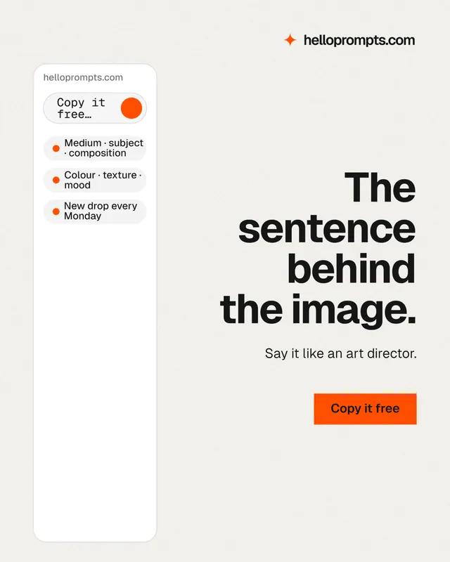 Instagram portrait post for HelloPrompts: "The sentence behind the image." Swiss style, right layout, light palette in white.