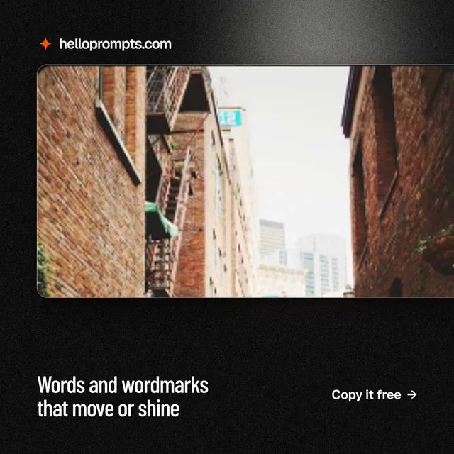 Instagram post for HelloPrompts: "Words and wordmarks that move or shine". Dark deco style, image led layout, dark palette in black, orange.