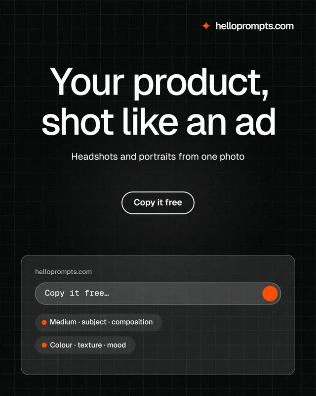 Instagram portrait post for HelloPrompts: "Your product, shot like an ad". Phosphor atlas style, centred layout, dark palette in black, grey.