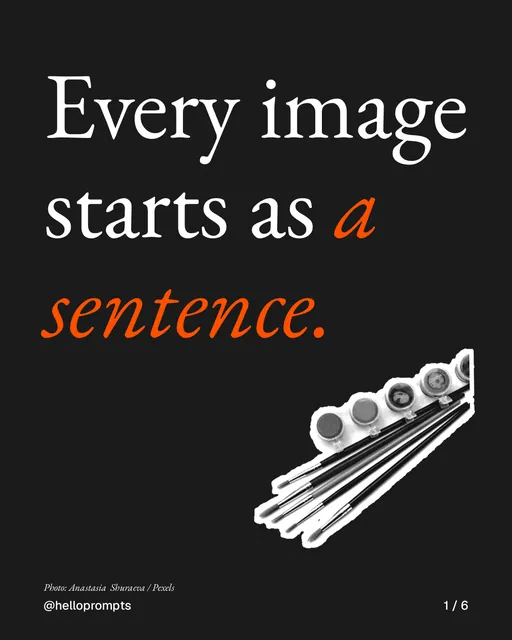 Carousel for HelloPrompts: "Every image starts as a sentence.". Cutout essay, 6 slides, dark palette.