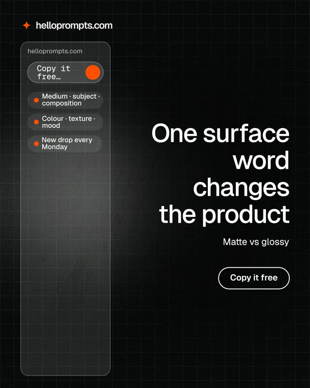 Instagram portrait post for HelloPrompts: "One surface word changes the product". Phosphor atlas style, right layout, dark palette in black, grey.