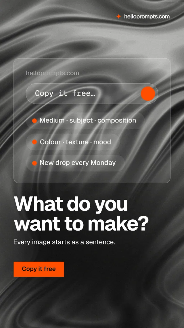 Instagram story for HelloPrompts: "What do you want to make?" Swiss style, bottom layout, dark palette in black, grey.