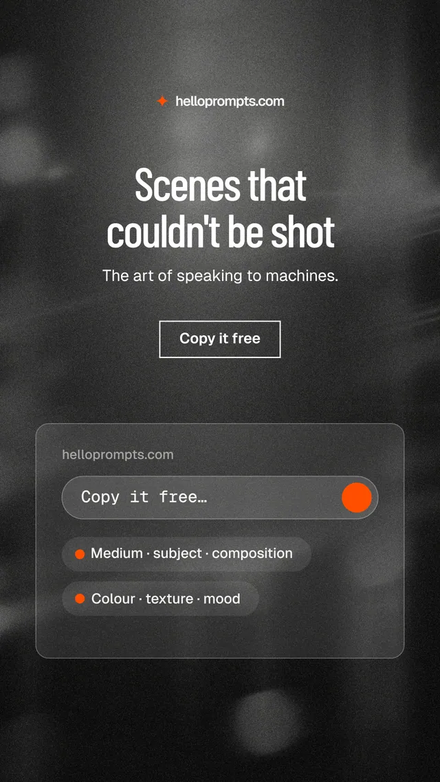 Instagram story for HelloPrompts: "Scenes that couldn't be shot". Dark deco style, centred layout, dark palette in black, grey.