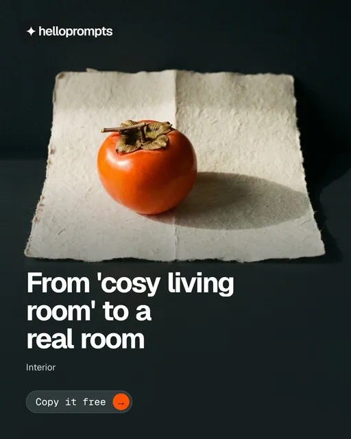 Video for HelloPrompts: "From 'cosy living room' to a real room". Doc motion loop, 7.0 s, dark palette.