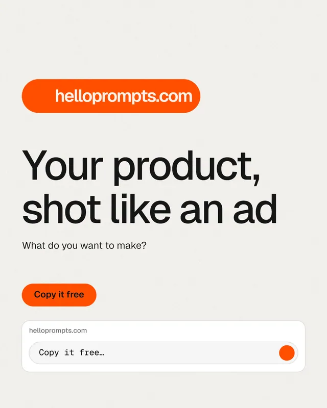 Instagram portrait post for HelloPrompts: "Your product, shot like an ad". Data card style, announce layout, light palette in white, orange.