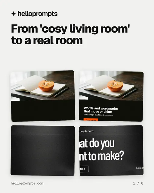 Carousel for HelloPrompts: "From 'cosy living room' to a real room". Collection carousel, 8 slides, light palette.