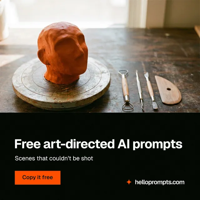 Instagram post for HelloPrompts: "Free art-directed AI prompts". Swiss style, bottom layout, dark palette in black, white, orange.