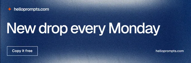 X header for HelloPrompts: "New drop every Monday". Cyanotype style, poster layout, dark palette in blue, grey.