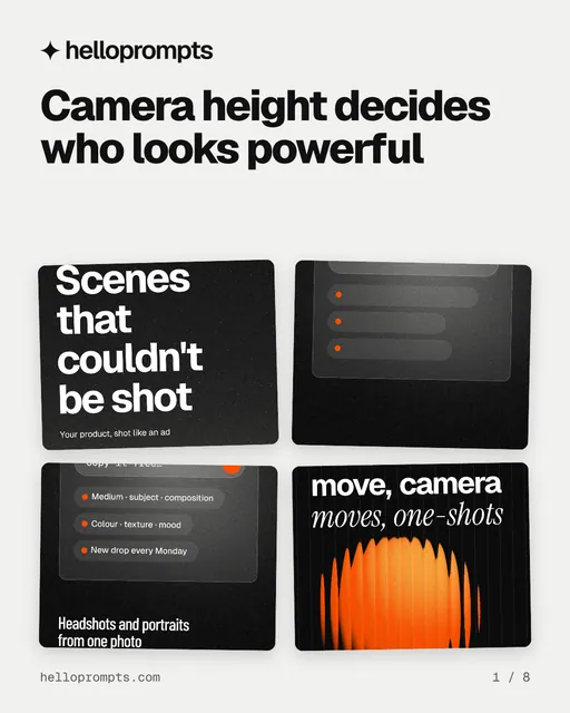 Carousel for HelloPrompts: "Camera height decides who looks powerful". Collection carousel, 8 slides, light palette.