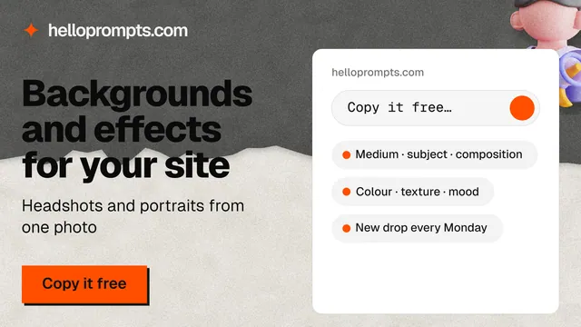 Landscape graphic for HelloPrompts: "Backgrounds and effects for your site". Paper trio style, bottom layout, light palette in grey, white.