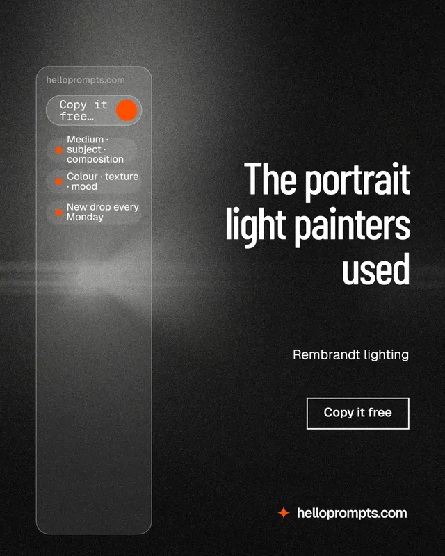 Instagram portrait post for HelloPrompts: "The portrait light painters used". Dark deco style, right layout, dark palette in black, grey.