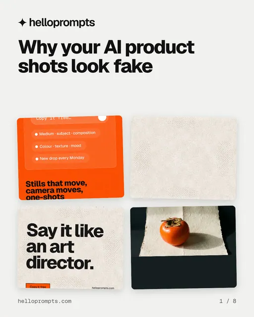 Carousel for HelloPrompts: "Why your AI product shots look fake". Collection carousel, 8 slides, light palette.