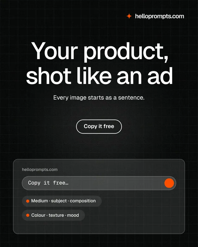 Instagram portrait post for HelloPrompts: "Your product, shot like an ad". Phosphor atlas style, centred layout, dark palette in black, grey.