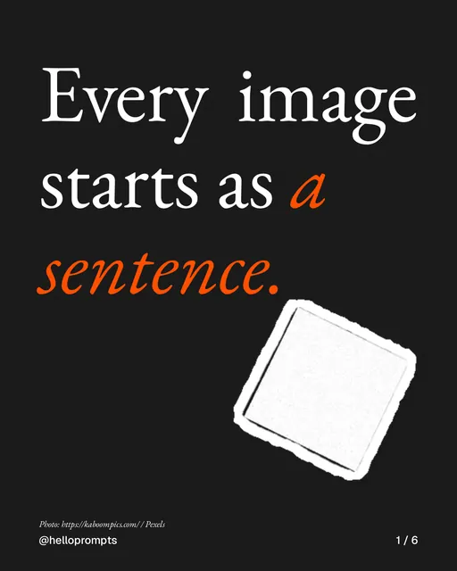Carousel for HelloPrompts: "Every image starts as a sentence.". Cutout essay, 6 slides, dark palette.