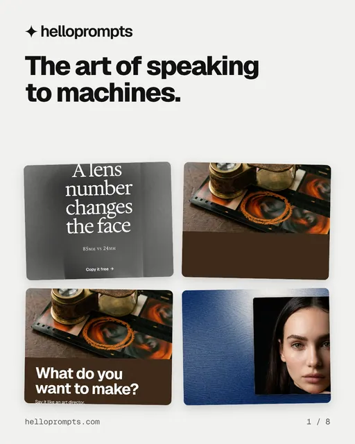 Carousel for HelloPrompts: "The art of speaking to machines.". Collection carousel, 8 slides, light palette.