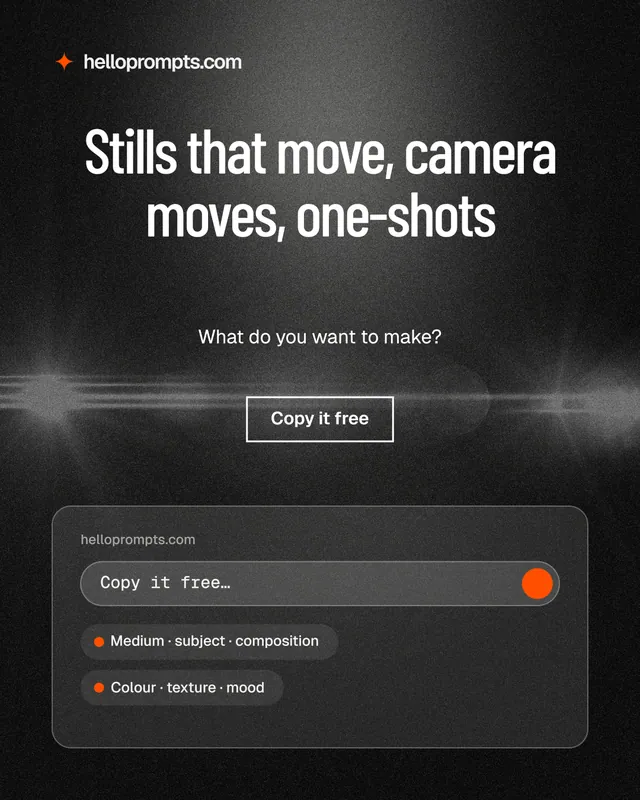 Instagram portrait post for HelloPrompts: "Stills that move, camera moves, one-shots". Dark deco style, centred layout, dark palette in black, grey.