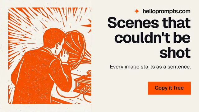 Landscape graphic for HelloPrompts: "Scenes that couldn't be shot". Swiss style, right layout, light palette in white, orange.