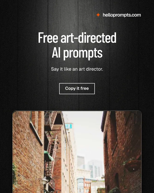 Instagram portrait post for HelloPrompts: "Free art-directed AI prompts". Dark deco style, centred layout, dark palette in black, grey, orange.