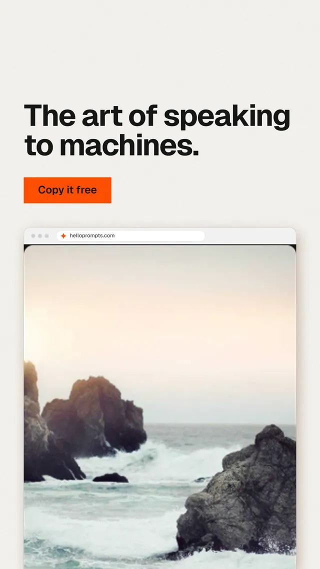 Instagram story for HelloPrompts: "The art of speaking to machines." Swiss style, browser layout, light palette in white, grey.