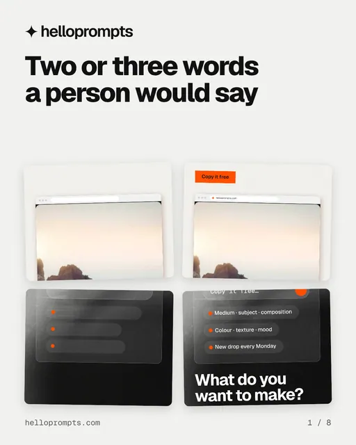 Carousel for HelloPrompts: "Two or three words a person would say". Collection carousel, 8 slides, light palette.