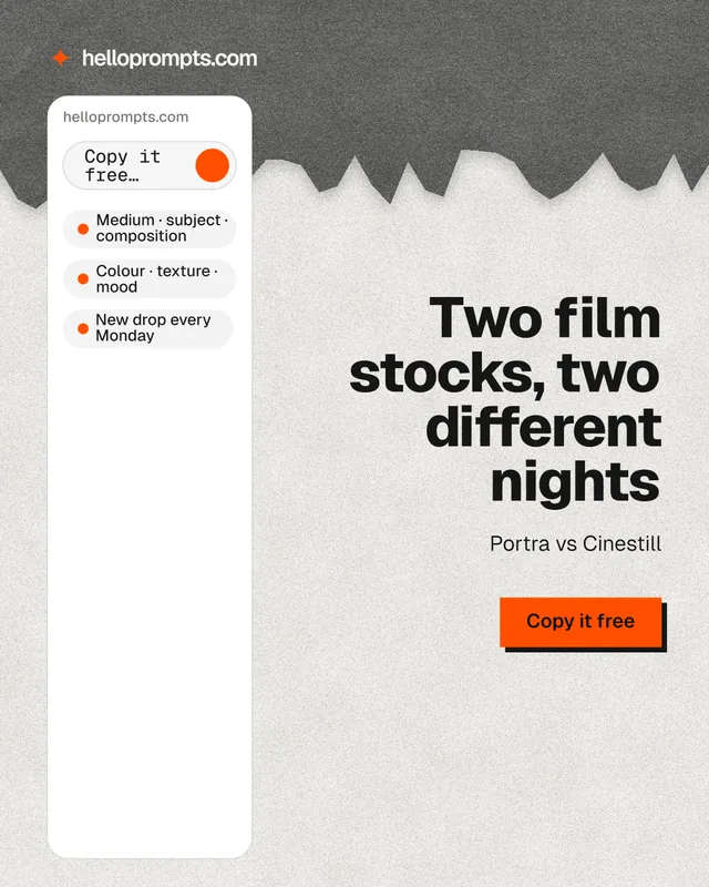 Instagram portrait post for HelloPrompts: "Two film stocks, two different nights". Paper trio style, right layout, light palette in white, grey.