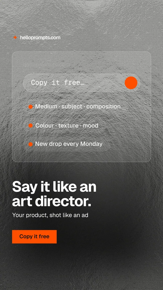 Instagram story for HelloPrompts: "Say it like an art director." Swiss style, bottom layout, dark palette in black, grey.