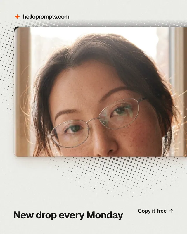 Instagram portrait post for HelloPrompts: "New drop every Monday". Swiss style, image led layout, light palette in white, orange.
