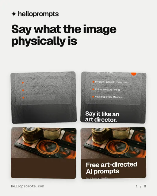 Carousel for HelloPrompts: "Say what the image physically is". Collection carousel, 8 slides, light palette.