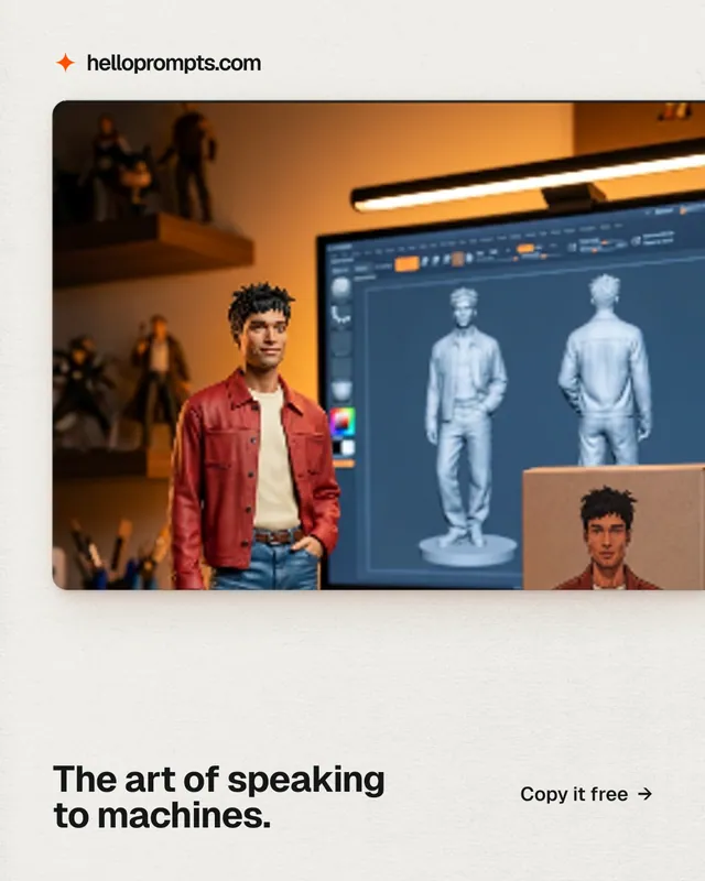 Instagram portrait post for HelloPrompts: "The art of speaking to machines." Swiss style, image led layout, light palette in grey, red, white.