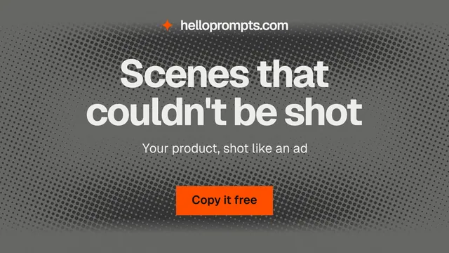 Landscape graphic for HelloPrompts: "Scenes that couldn't be shot". Swiss style, centred layout, dark palette in grey.