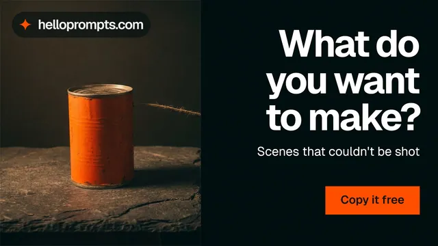 Landscape graphic for HelloPrompts: "What do you want to make?" Swiss style, right layout, dark palette in black, orange.