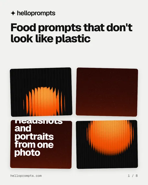 Carousel for HelloPrompts: "Food prompts that don't look like plastic". Collection carousel, 8 slides, light palette.