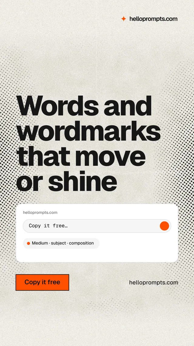 Instagram story for HelloPrompts: "Words and wordmarks that move or shine". Ink sticker style, poster layout, light palette in white, yellow, grey.