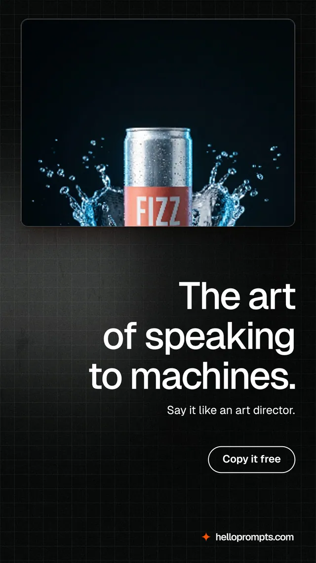 Instagram story for HelloPrompts: "The art of speaking to machines." Phosphor atlas style, right layout, dark palette in black, grey.
