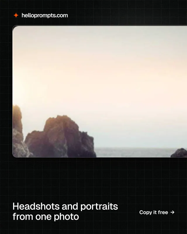 Instagram portrait post for HelloPrompts: "Headshots and portraits from one photo". Phosphor atlas style, image led layout, light palette in white, black, grey.