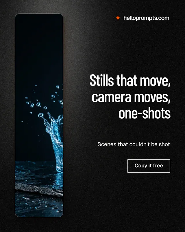 Instagram portrait post for HelloPrompts: "Stills that move, camera moves, one-shots". Dark deco style, right layout, dark palette in black, grey.
