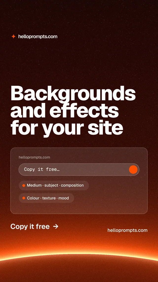 Instagram story for HelloPrompts: "Backgrounds and effects for your site". Turn card style, poster layout, dark palette in black, red, orange.